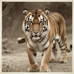 an old photo of a tiger with a general's outfit