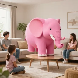 a pink elephant in a living room being ignored by a family