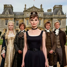 a mix of lily cole, anya taylor - joy and audry hepburn, tiara, standing proud in their 1 8 th century manor, hyper - realism photo - realism, 8 k, hdr, unreal engine 5, octane render, photorealistic, extremely detailed, intricate, in the style of mark ryden, lostfish, earl nore, hyung tae, frank frazetta