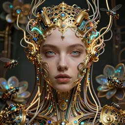very beautiful woman integrating with technology, full face frontal centered, portrait, insipiring, detailed intricate ornate neon pulsating cables connected to head, enormous eyes, luxurious detailed abundent wiring and implants, gold, renaissance, sci - fi, detailed technology background with cyber flowers and insects, dramatic lighting, photography, highly detailed, artstation, 8 k,