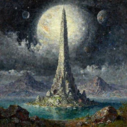 An epic colossal scene with a very tall tower in the middle of nowhere near water and rocks on top of some grass and dirt, with mountains behind it and dramatic sky, oil on canvas, by Simon Stalenhag, by Zdzisław Beksiński, by Bruce Pennington, masterpiece, trending on artstation, featured on pixiv, cinematic composition, concept art, dramatic lighting, aesthetic, planets, stars, asteroids, no frames, 8K
