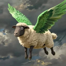 a sheep with large green wings flying through the air, studio ghibli, high detail