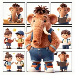 furry character of a mammoth in shortalls and colorful sneakers, attending first day of kindergarten, digital art, high quality, one panel comic, deviantart, mammoth