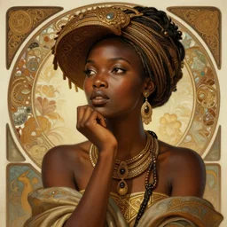 beautiful Zulu goddess pondering, intricate, elegant, highly detailed, digital painting, artstation, concept art, smooth, sharp, focus, illustration, art by artgerm and greg rutkowski and alphonse mucha