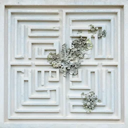 thin lines, fractals, lichen macro, serpentine twisty maze, carved soapstone ceiling relief paneling white and pale blue