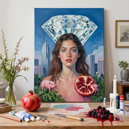 “ a portrait in a queer female art student ’ s apartment, a big diamond, skyscraper, a pomegranate, art supplies, paint tubes, palette knife, pigs, ikebana, herbs, a candle dripping white wax, squashed berries, berry juice drips, acrylic and spray paint and oilstick on canvas, surrealism, neoexpressionism ”