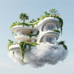 white futuristic mage house covered in plants, hanging vines, floating on a cloud, inspired by zaha hadid