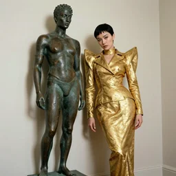 a woman in a gold costume leaning against a wall, a bronze sculpture by alexander mcqueen, trending on tumblr, antipodeans, androgynous, masculine, maximalist
