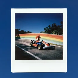 analog polaroid of mario kart rainbow road in a deep blue sky