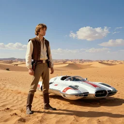 beautiful wide shot tatooine landscape, obi wan kenobi, Luke skywalker, land-speeder, Star Wars a new hope 1977, studio ghibli, Miyazaki, Greg rutkowski, Jean girard, Moebius , animation, golden hour, highly detailed, hdr, vivid color, 70mm