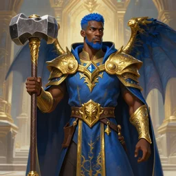Picture of a male Cleric, black skin, blue short hair, short beard, dragon-inspired cloth robes, gold and blue, ornamental, hammer, wings, background depicting a temple, fantasy, dnd, d&d, sharp focus, smooth, illustration, digital painting, highly detailed, by Krenz Cushart, Artem Demura, alphonse mucha, artstation, cgsociety