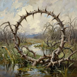 a dank swamp with thorny brambles, extremely detailed oil painting, unreal 5 render, rhads, sargent and leyendecker, savrasov levitan polenov, bruce pennington, studio ghibli, tim hildebrandt, digital art, landscape painting, octane render, beautiful composition, trending on artstation, award winning photograph, masterpiece