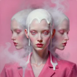 3 d, close - up, liquid white oil, evil fashion model, light fog, smoke, poster art, high detail, intricate oil painting, multiple exposure, deep pink color palette, hyperrealism, 3 d, by tooth wu and wlop and beeple and greg rutkowski