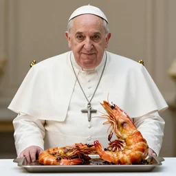 perfect photograph of obese pope imaginable. in the style of a barbecued prawn