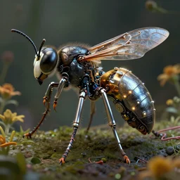3D render of intricate wasp, cyborg wasp, shiny textured plastic shell, hinged titanium legs, wires, pinned joints, glowing LEDs, cables, antennae, circuitry, chips, capacitors, dramatic lighting, highly detailed digital painting by H.R. Giger and Johanna Martine and Jeffrey Smith, background natural flower, foliage, octane engine render 8k HDR