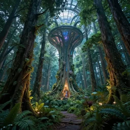stunning indoor lsd forest in summer at night by ivan shishkin inside epic high technology biodome designed by zaha hadid, ultra detailed, trending on deviantart
