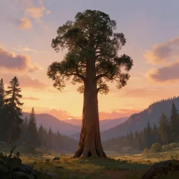 a lonely giant sequoia in the center of a in immense valley at sunset with soft clouds and birds flying, intricate, highly detailed, soft illumination, digital painting, artstation, concept art, smooth, sharp focus, illustration, cinematic, vfx, 4 k