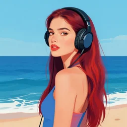 a beautiful woman with long hair and a confident expression looking at the sea, wearing headphones, vivid colors, centered composition, art by Artgerm and Mark Arian