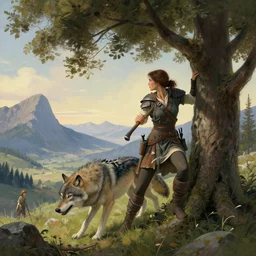 a warrior, female, she carries an axe, she is grabbing a nearby tree, looking onto the horizon, a big wolf is next to her, fall, mountain landscape, portrait by magali villeneuve and ames jean and artgerm and greg rutkowski and alphonse mucha and craig mullins and james jean and andrei riabovitchev and marc simonetti and peter mohrbacher 4 k, artstation, realistic, magic the gathering