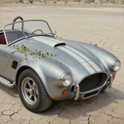 closeup of rusty shelby cobra, vine covered, desert, cracked dry lake bed, by paul lehr, highly detailed,soft lighting, film grain, medium format, 8k resolution, oil on canvas