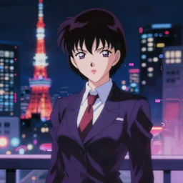 blurry and dreamy screencap of a realistic character from 8 0 s horror anime, vampire woman with short hair and wearing dress suit with tie, satoshi kon anime, character design by yoshitaka amano and junji ito, glitchy vhs tape, night tokyo in the background, perfect blue color palette, noisy film grain effect, blurry image