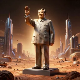 a photo of mao zedong's sculpture in cybercity on mars a made of resin by joe johnston and nilo rodis, highly detailed, dramatic lighting, radiant light, detailed and intricate environment, wide angle, cinematic lighting
