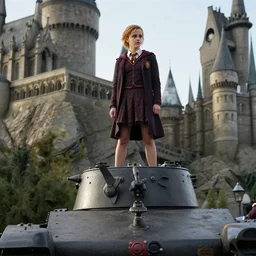 Photo of Emma Watson on top of a tank in Hogwarts, establishing shot