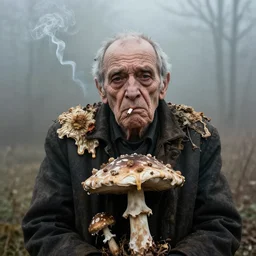 photographic portrait of wrinkly sad max ernst dried melting floral fungus with spiraling cigarette smoke, in fog, medium long shot