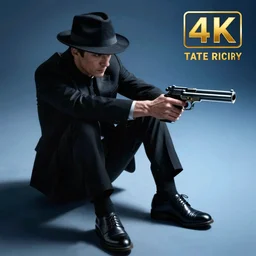 mysterious man in black suit and black fedora hat and black shoes, he has a pistol!!, mysterious, 4 k, highly detailed, digital art, strong shadows, high contrast, epic scene, atmospheric, blue colours, award winning photo