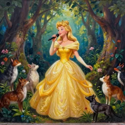 A beautiful street art of Princess Aurora singing in the woods while surrounded by animals. She looks so peaceful and content in the company of the animals, and the colors are simply gorgeous. flash photography by Brian Mashburn, by Arnold Böcklin