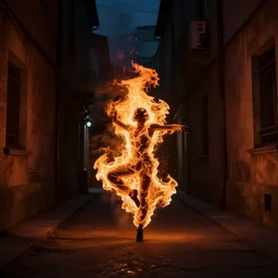 personified fire is dancing in a dark alley, awardy winning photo