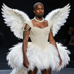 kanye west with a decorated dress made of white pearls and white plumes of swan highly detailed digital _ painting