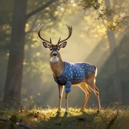 alert buck white tail deer with large antlers wearing pajamas standing on top of a hill with light shining through the trees in the early morning, global illumination, volumetric shadows, volumetric lighting digital painting, trending on artem, trending on deviantart,