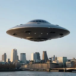 a photorealistic ufo, hovering above london