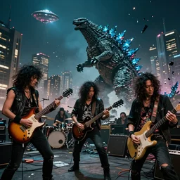 The wide shot of disco punk rock Asian band with very long curly dark hair playing on guitars while Godzilla destructs the city, night city on the background, flying saucer in the sky, by Lubezki and David Lynch, anamorphic 35 mm lens, cinematic, anamorphic lens flares 4k