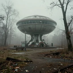 retro-futuristic fallout abandoned park fog ultrarealistic photorealistic 8k