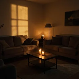 dark dreamy living room, candlelight glow, golden hour, shadows