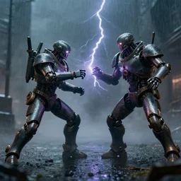 steampunk robot warriors battling each other in heavy rain, ground fog, @, moody lighting, 8 k, lightning, shallow depth of field, cinematic lighting,