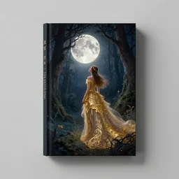 fantasy book cover, full moon, fantasy forest landscape, gorgeous fairy looking at the moon, golden elements, fantasy magic, dark light night, beautiful gown, intricate, 8 k, uhd, high resolution, elegant, sharp focus, illustration, highly detailed, digital painting, concept art, matte, art by wlop and artgerm, unsplash, masterpiece