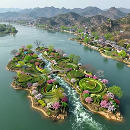 a gorgeous very early spring series of lush islands separated by flower - lined streams, twisted gardens, painting by barlowe wayne maxfield parrish and marco mazzoni. tree no leaf!!!! china mountain village!! very little light verdancy. ultra clear detailed. 3 d, octane render. turbulent blood lake.