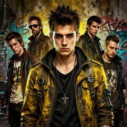 highly detailed portrait of a sewer punk young man by atey ghailan, james gilleard, by joe fenton, by greg rutkowski, by greg tocchini, by kaethe butcher, 4 k resolution, gradient yellow, black, brown and cyan color scheme, grunge aesthetic!!! ( ( dystopian graffiti tag wall in background ) )