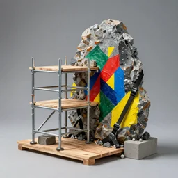 small scaffolding and rock sculpture made with steel and metal, wood planks, rock details joints, cinder blocks, bright construction materials, ratchet straps, painting by yves tanguy, by nate boyce, sculpted by david smith, by kay sage, photorealistic, studio lighting, product photography, high octane, higly detailed, made with unreal engine