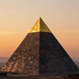 Trending on artstation, beautiful pyramid with golden tip illuminated by the sunset, detailed matte painting