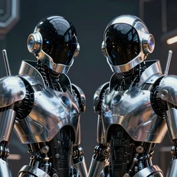 portrait of  2 Daft Punk Robots, Cyberpunk 2077, looking at camera, intricate, dystopian, sci-fi, extremely detailed, digital rendering, octane render, artstation, concept art, smooth, sharp focus, intimidating lighting, chrome reflexions, incredible art