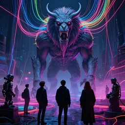 behemoth, neon, they are watching, RGB, glowing wires everywhere, pristine, by Edgar Maxence and Ross Tran, Zdzisław Beksiński, and Michael Whelan, distant, gustav dore, H.R. Giger, 8k, octane render