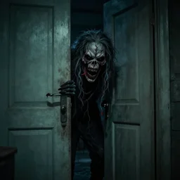 An unfathomable terrifying monster peering out from behind a doorway at night, photography