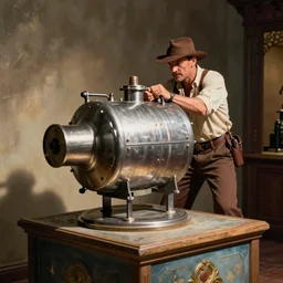 close up indiana jones stealing a catalytic convertor, that is on a pedastal painted by greg rutkowski