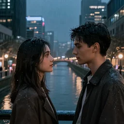two lovers looking into each others eyes in the rain at night in a modern chinese city next to a canal, high quality digital art, concept art, trending on arstation, dreamlike, dark, hyperrealism