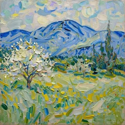 oil paint impasto relief, beautiful bright sunny spring day, blue mountain the distance, multi layered thick brush marks, some splattered paint, in the style of ivan shishkin and frank auerbach and van gogh