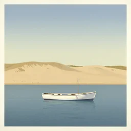 a boat on water at bassin d'arcachon in first plan a sand dune in the background with the sky above, australian tonalism, pale gradients design, matte drawing, clean and simple design, outrun color palette. a vintage neo retro poster painted by Morandi, Agnes Pelton